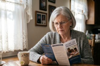 Femme senior en train de lire une brochure d'assurance vie