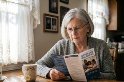 Femme senior en train de lire une brochure d'assurance vie