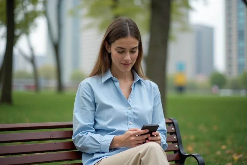 Femme assise dans un parc urbain utilisant son smartphone