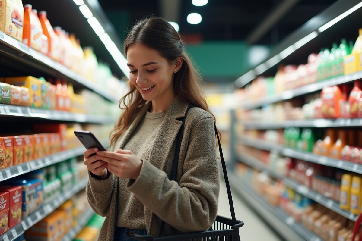 Jeune femme faisant ses courses dans un supermarché