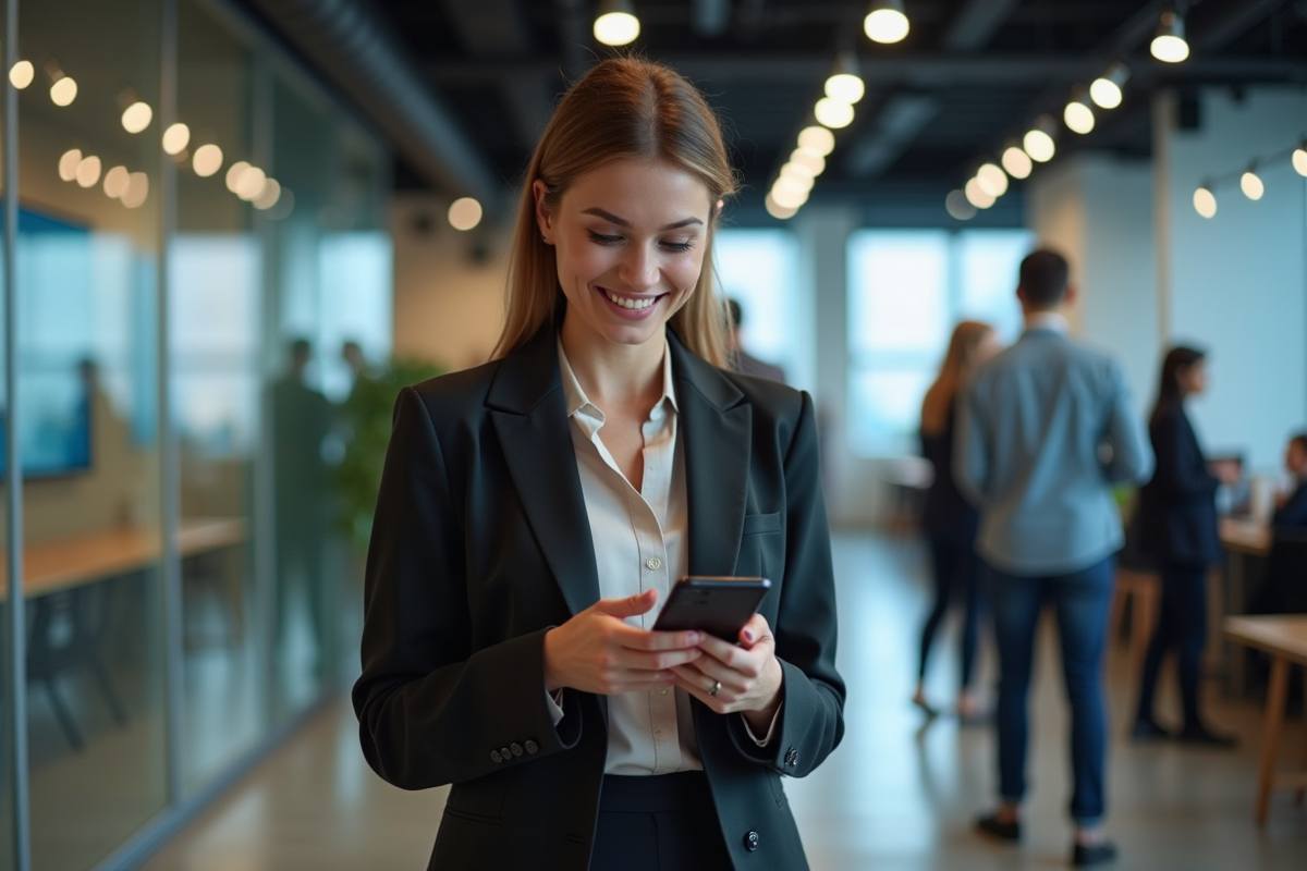 Femme en coworking vérifiant le SP500 sur son smartphone
