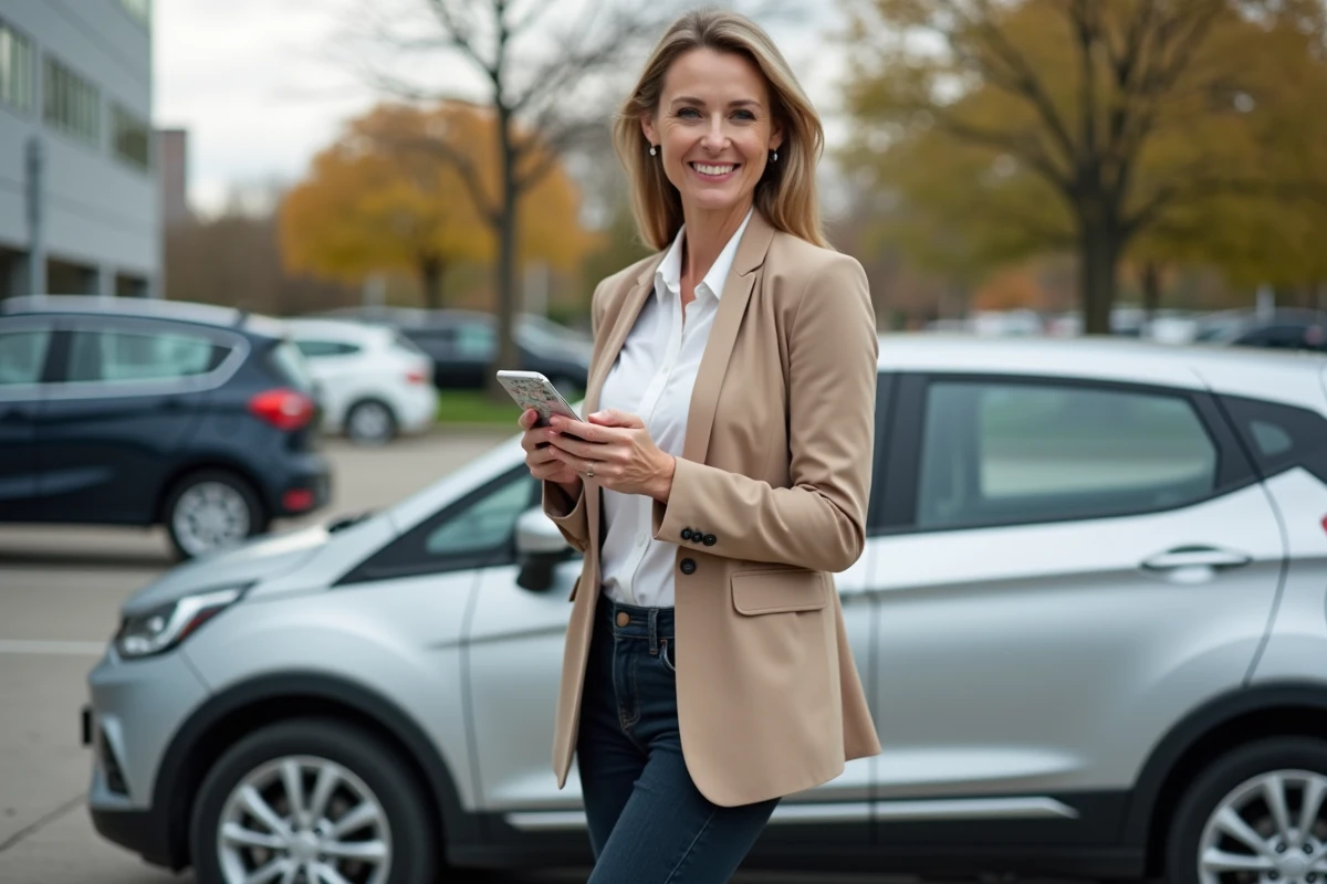 Femme professionnelle consultant son téléphone près de sa voiture pour estimer ses trajets domicile-travail