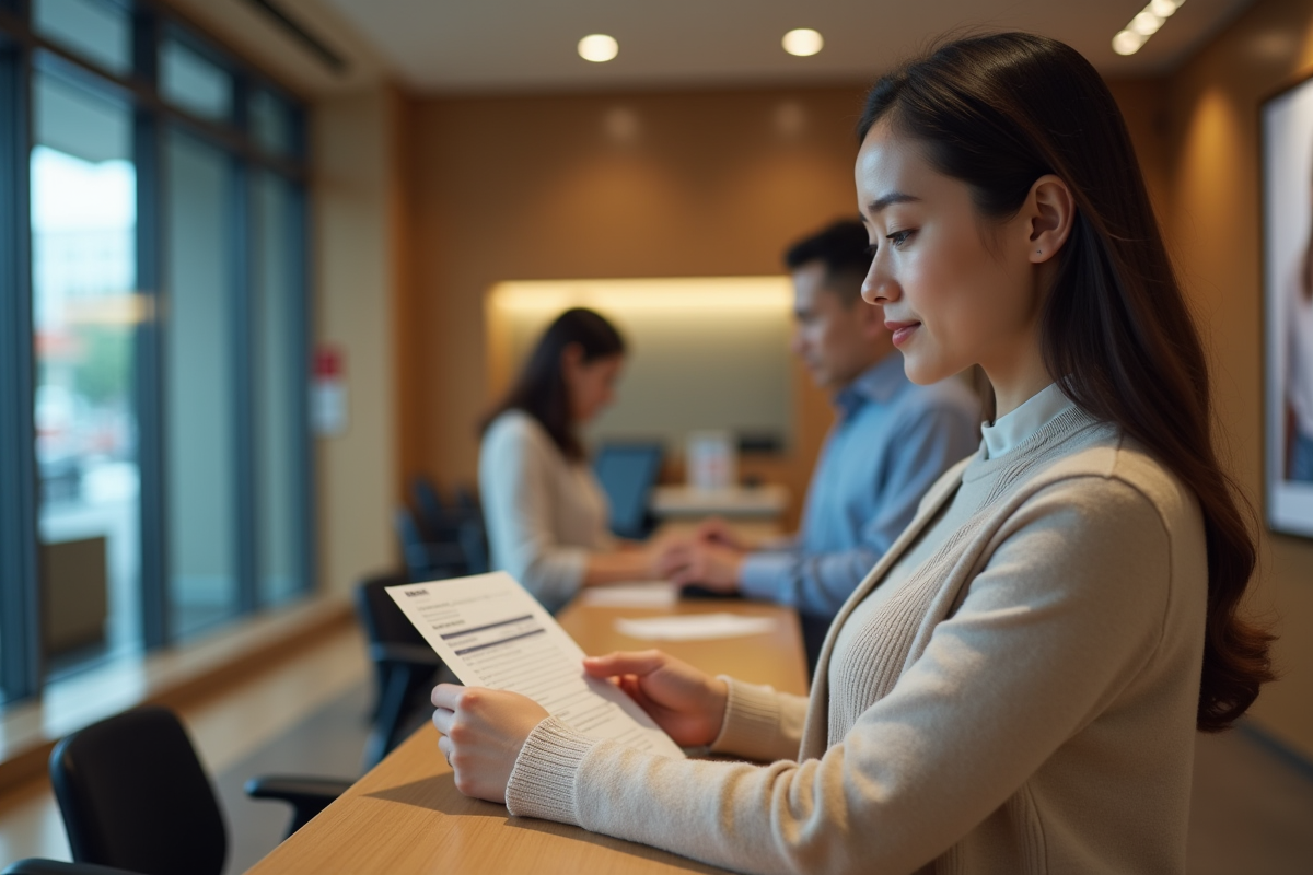 Femme remettant un formulaire de retrait à un caissier dans une agence bancaire