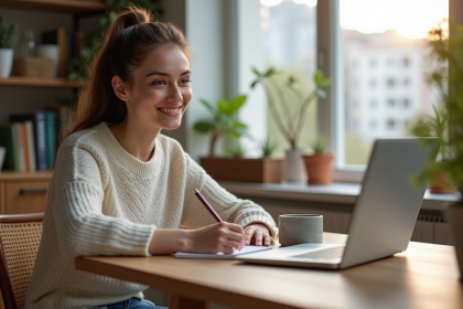 Jeune femme travaillant à son ordinateur dans un appartement lumineux