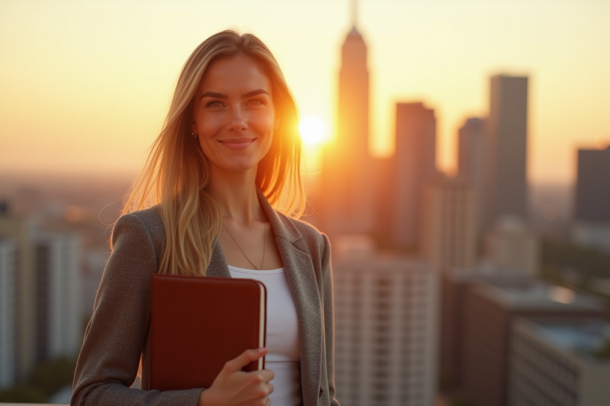 Femme confiante souriant devant un paysage urbain en golden hour