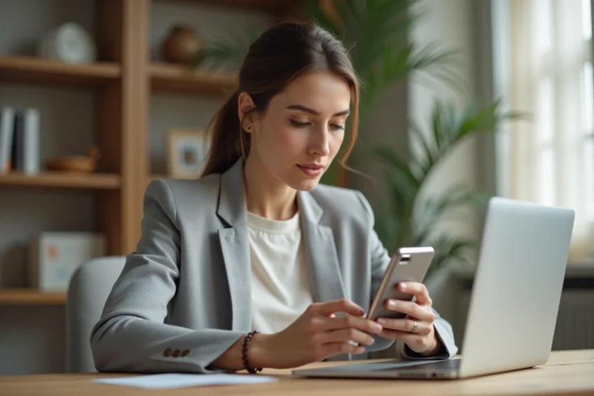 Femme consultant une notification de virement bancaire en attente sur son smartphone dans un bureau à domicile