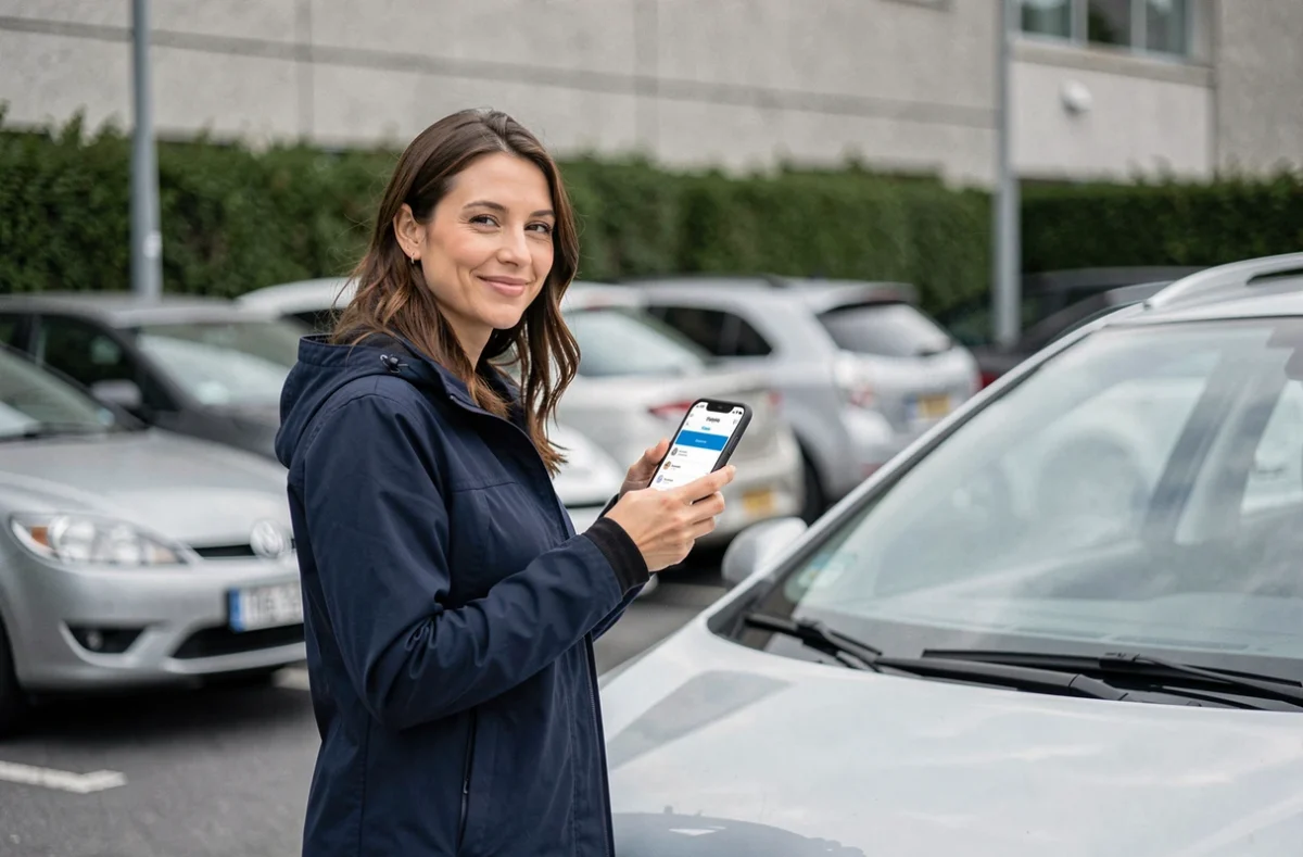 Femme devant sa voiture vérifiant son coefficient bonus-malus sur son téléphone