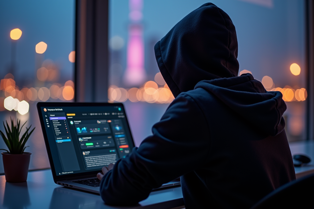 Personne en hoodie assise devant un ordinateur avec portefeuille digital