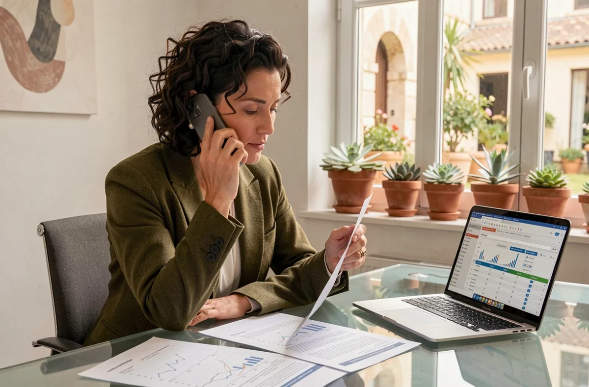Conseillère de Finance Conseil gérant un dossier de financement immobilier par téléphone dans son bureau à Montpellier