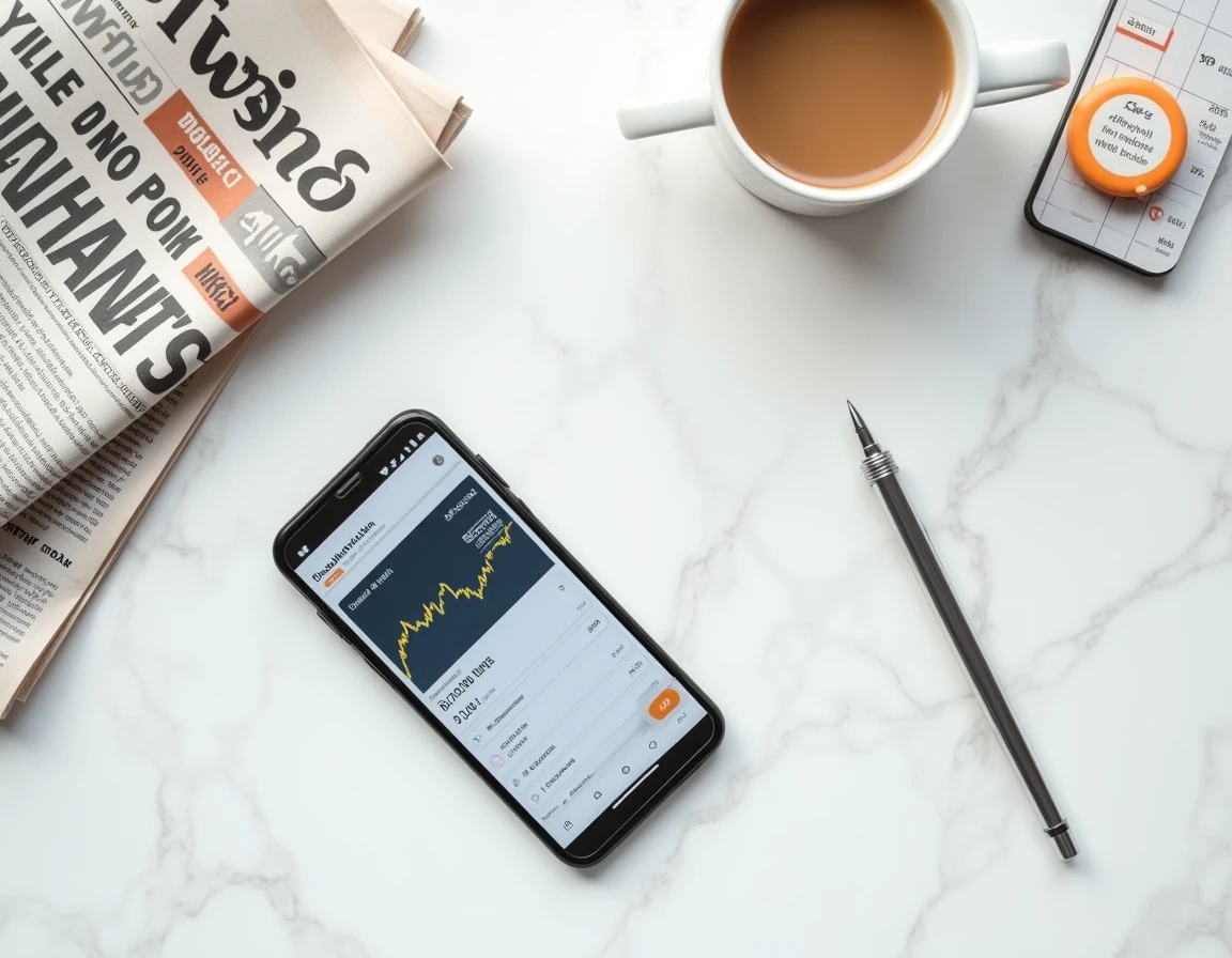 Vue aérienne d'un bureau avec smartphone affichant le rendement dividende Orange et documents financiers imprimés