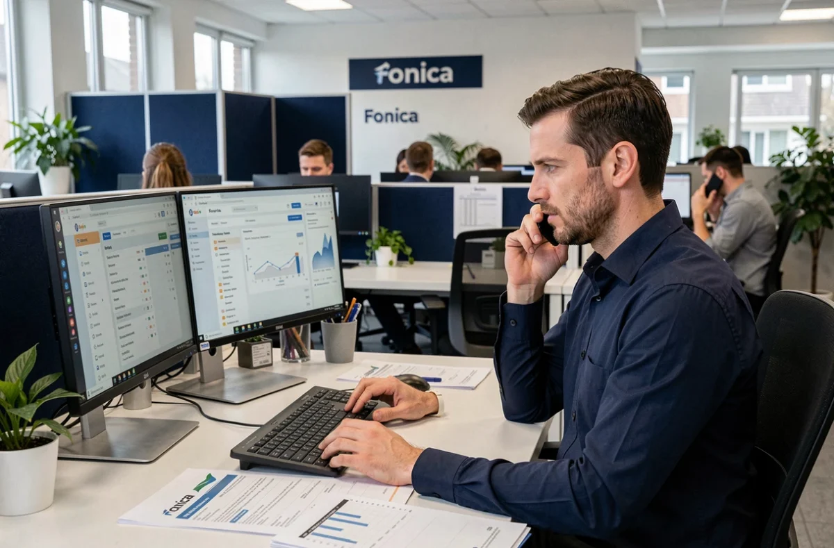 Gestionnaire Foncia des Yvelines analysant des tableaux de bord de gestion locative sur des écrans professionnels dans un bureau moderne