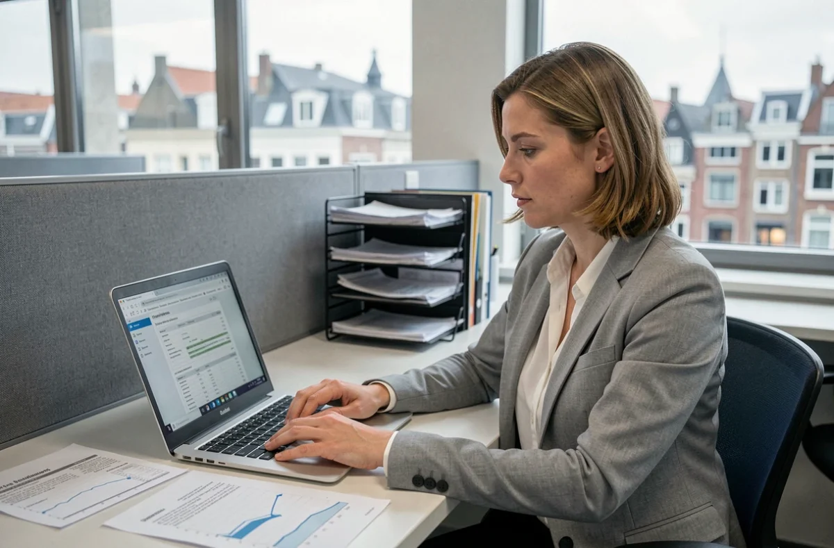 Une fonctionnaire belge analyse des documents fiscaux sur les taxes tabac dans un bureau administratif de Bruxelles, en lien avec la réglementation sur les prix des cigarettes en 2026
