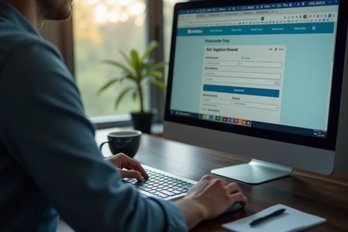 Formulaire de virement bancaire en ligne affiché sur un écran d'ordinateur avec une main sur la souris