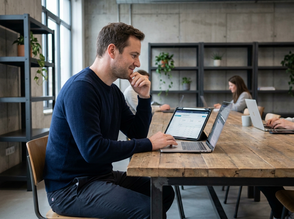 Freelance masculin analysant son application de comptabilité dans un espace de coworking moderne