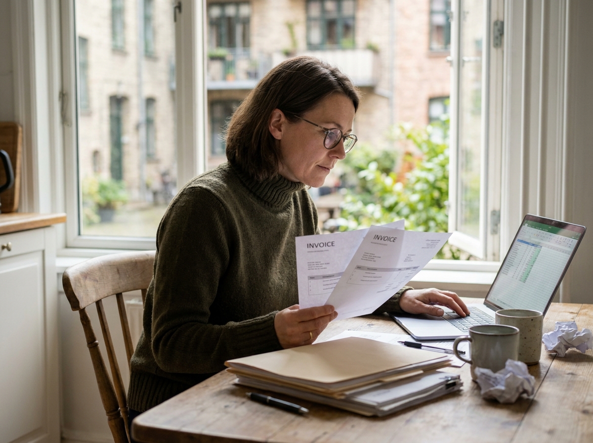 Freelance femme comparant des factures imprimées sur une table de travail dans un appartement