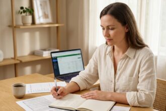 Freelance femme consultant ses documents comptables dans un bureau à domicile bien organisé
