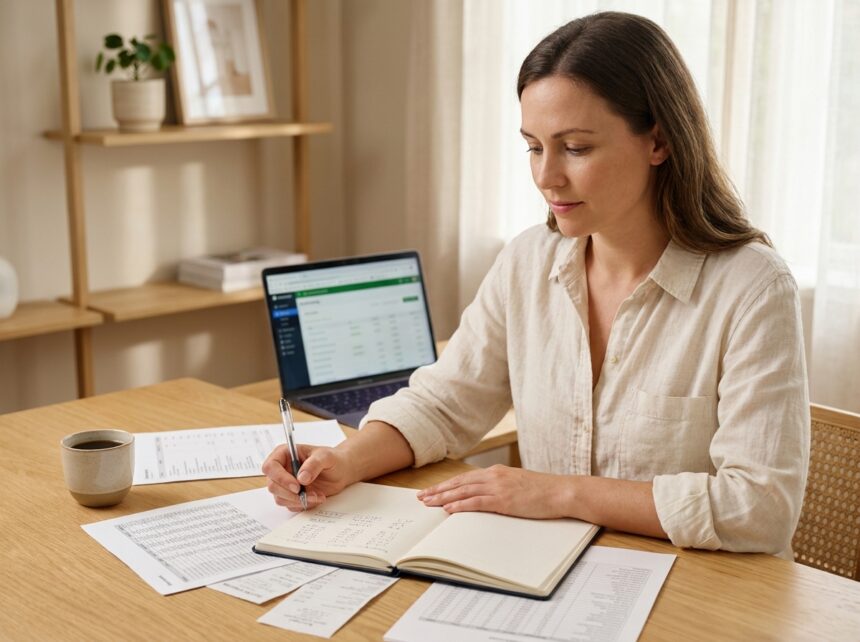 Freelance femme consultant ses documents comptables dans un bureau à domicile bien organisé