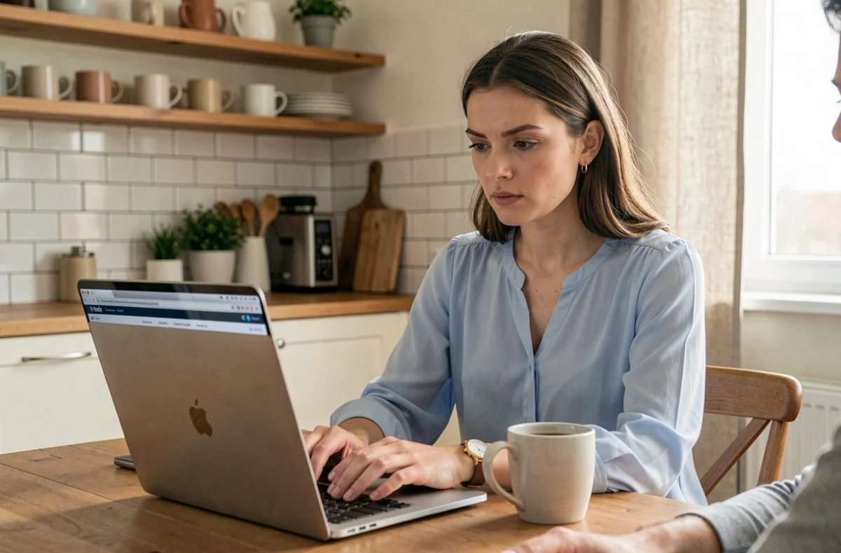Une femme gère un compte bancaire joint en ligne depuis son domicile sur un ordinateur portable