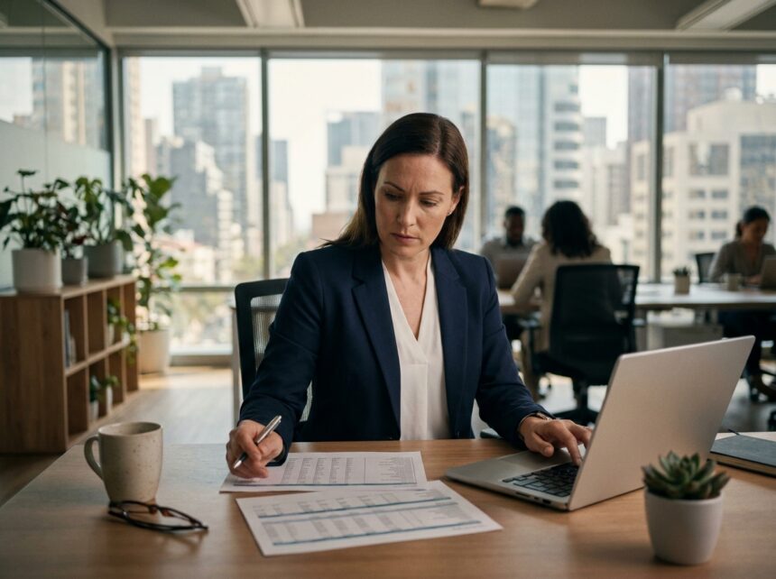 Consultante en portage salarial analysant ses finances sur un ordinateur portable avec des feuilles de calcul imprimées dans un bureau moderne
