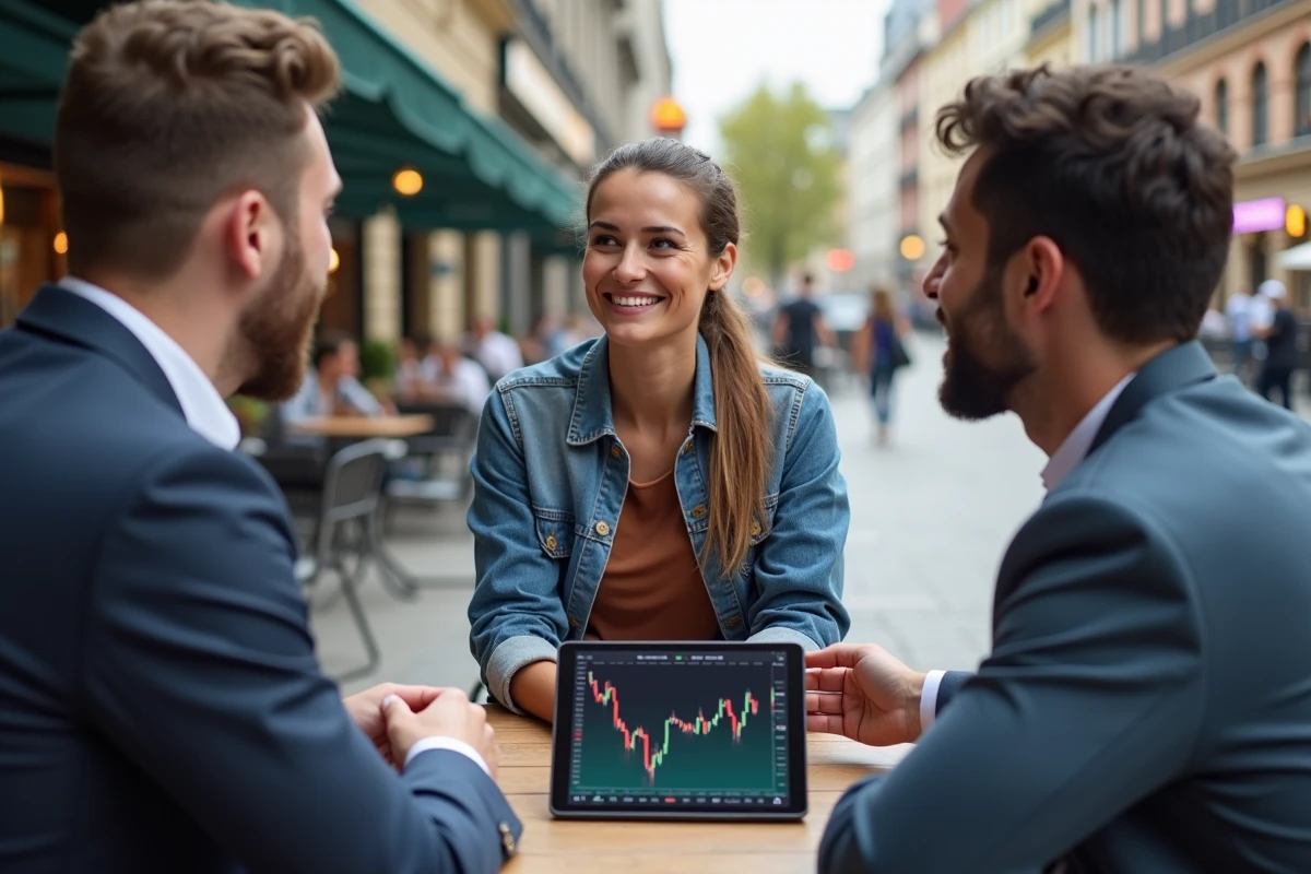 Groupe de jeunes discutant autour d une tablette en ville