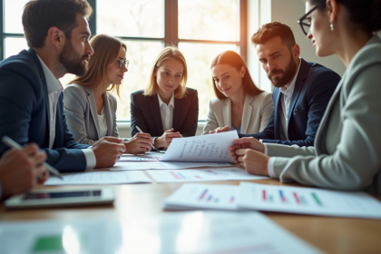 Groupe de collègues divers travaillant ensemble dans un bureau lumineux