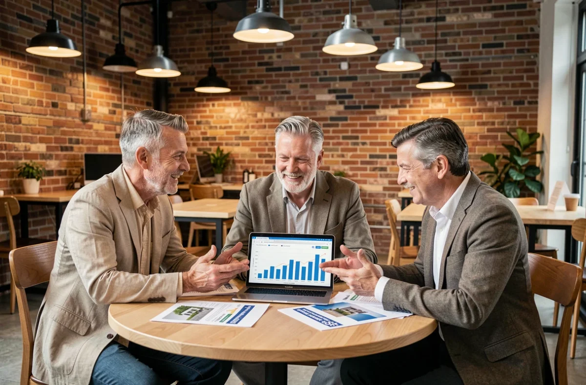 Groupe d'investisseurs discutant de placements en SCPI dans un espace de coworking moderne