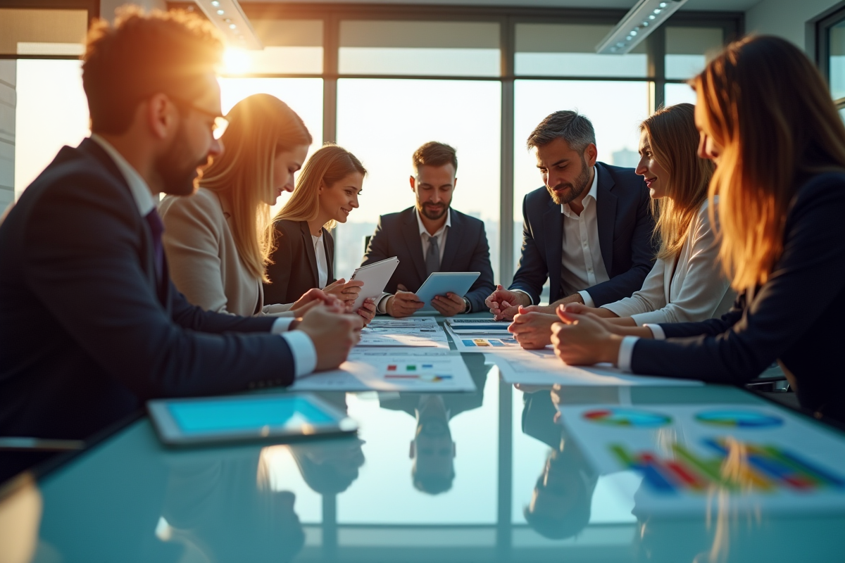 Groupe de professionnels en réunion dans un bureau moderne