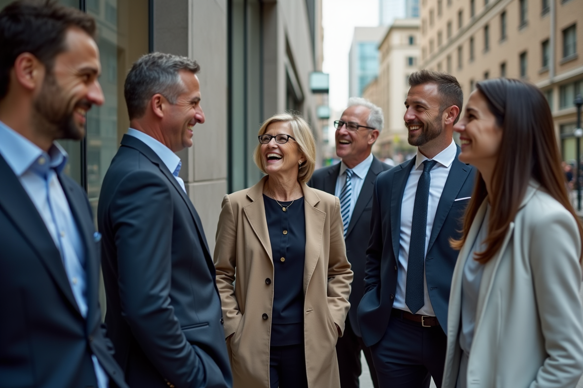 Groupe divers de professionnels souriants en extérieur
