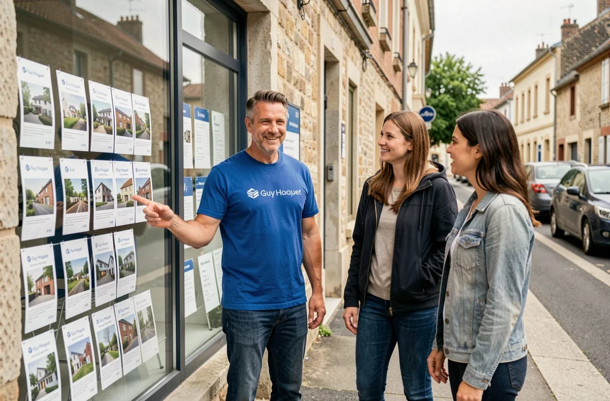 Conseiller Guy Hoquet des Yvelines présentant des annonces de biens locatifs en vitrine à des clients potentiels sur le trottoir
