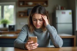 Femme stressée recevant un appel téléphonique harcelant d'un bureau de crédit à son domicile