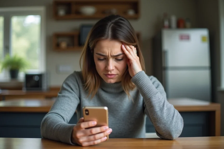 Femme stressée recevant un appel téléphonique harcelant d'un bureau de crédit à son domicile