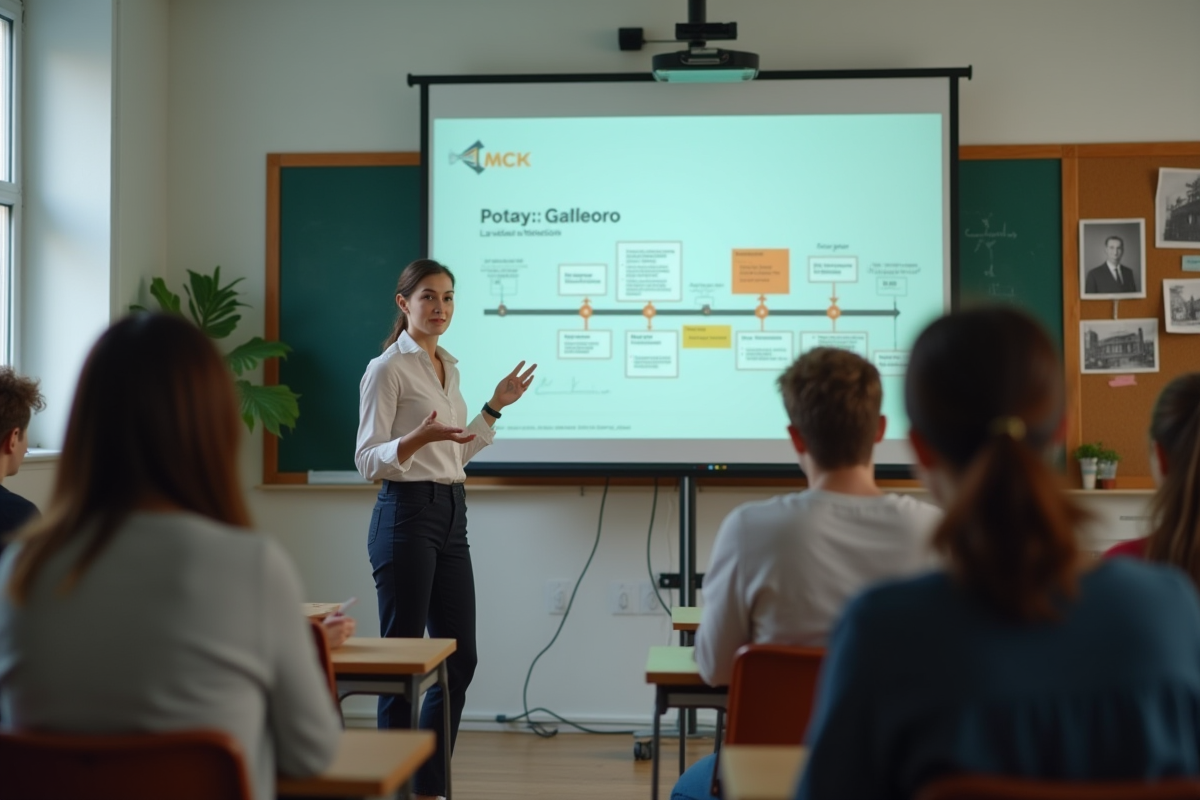 Jeune historienne expliquant une chronologie à des étudiants