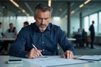 Homme d'affaires examinant des documents financiers avec une expression de doute, signaux d'alerte Perle finance