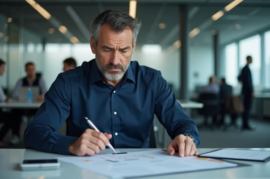 Homme d'affaires examinant des documents financiers avec une expression de doute, signaux d'alerte Perle finance