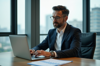 Homme d'affaires en blazer regardant des graphiques financiers