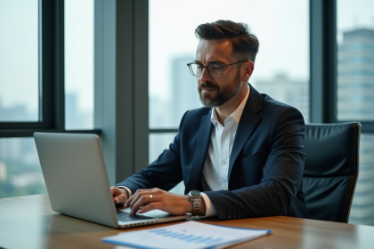 Homme d'affaires en blazer regardant des graphiques financiers