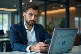 Jeune homme d'affaires analysant des données financières