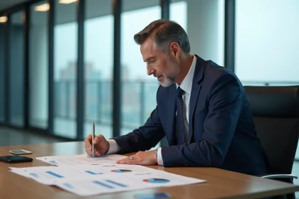 Homme d'affaires en costume bleu analysant des rapports financiers