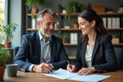 Homme d'affaires signant une facture dans un bureau moderne
