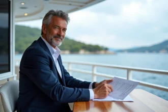 Homme d'affaires en costume sur yacht en méditerranée