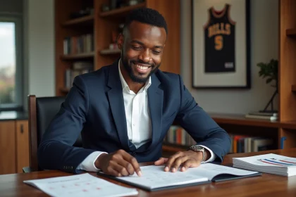 Homme africain en costume regardant documents financiers