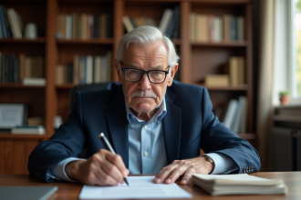 Homme âgé signant des documents légaux dans un bureau