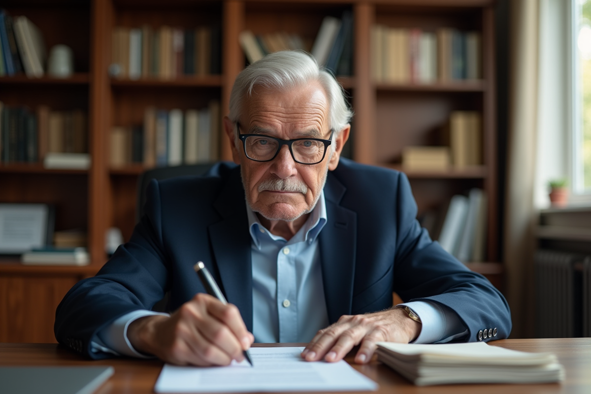 Homme âgé signant des documents légaux dans un bureau
