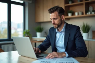 Homme en costume analysant un rapport financier dans un appartement lumineux