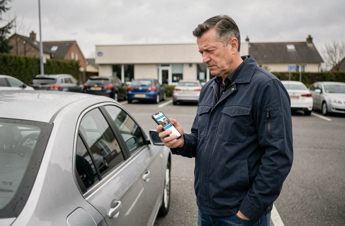 Homme consultant une application d'assurance auto en ligne à côté de sa voiture dans un parking