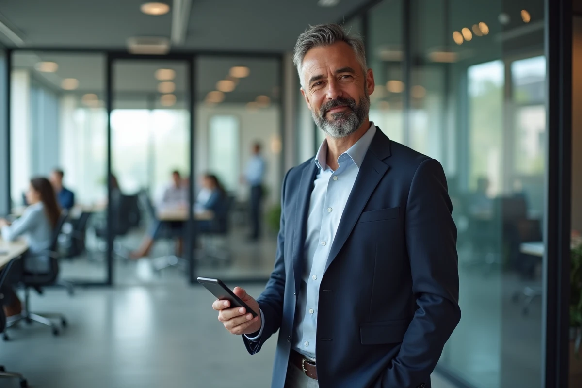 Homme d'affaires consultant une application de coffre-fort numérique de bulletins de salaire sur smartphone au bureau