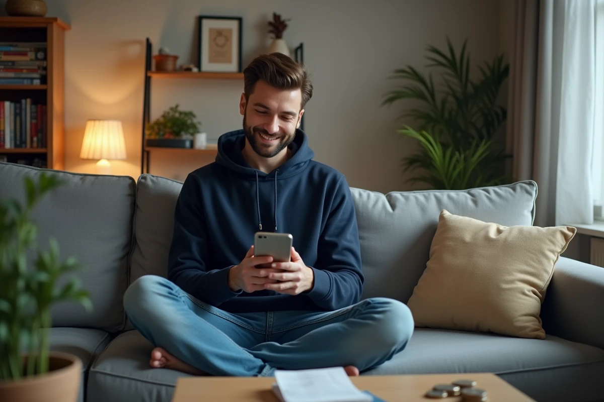 Jeune homme consultant une application de suivi d'épargne sur son smartphone dans un petit salon modeste