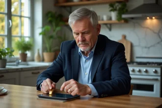 Homme d'âge moyen tenant une barre d'or dans une cuisine chaleureuse