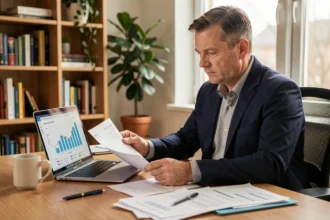 Homme consultant ses documents d'assurance vie et graphiques de rendement sur ordinateur portable dans un bureau à domicile