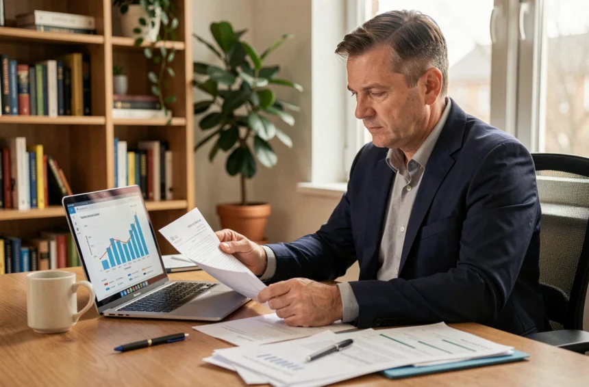 Homme consultant ses documents d'assurance vie et graphiques de rendement sur ordinateur portable dans un bureau à domicile